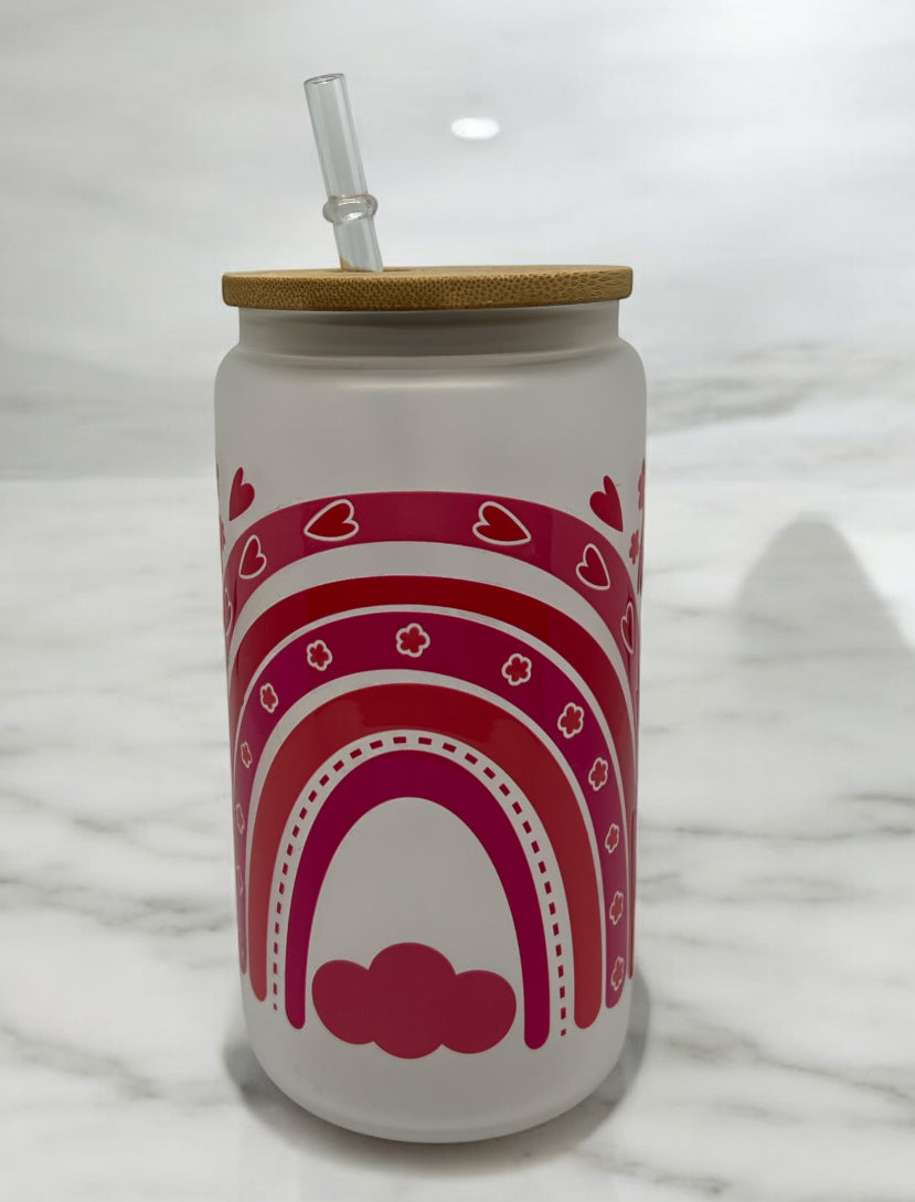 Love Heart Rainbow Frosted Bamboo Glass 16oz