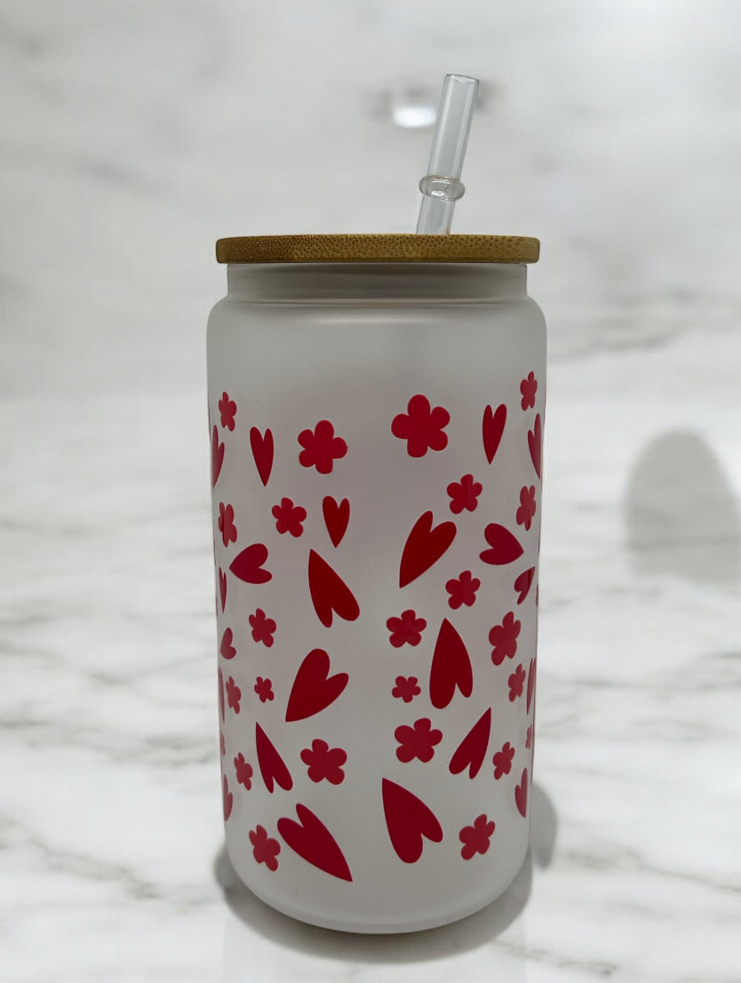 Love Heart Rainbow Frosted Bamboo Glass 16oz