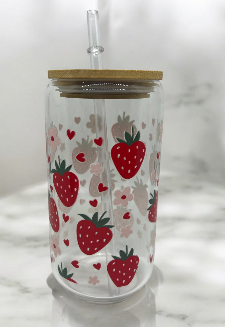 Strawberry Clear Bamboo Glass 16oz