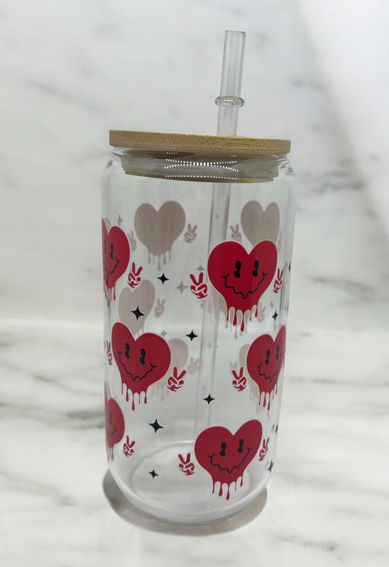 Drippy Heart Clear Bamboo Glass 16oz