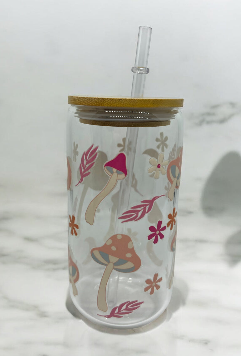 Pastel Mushrooms Clear Bamboo Glass 16oz