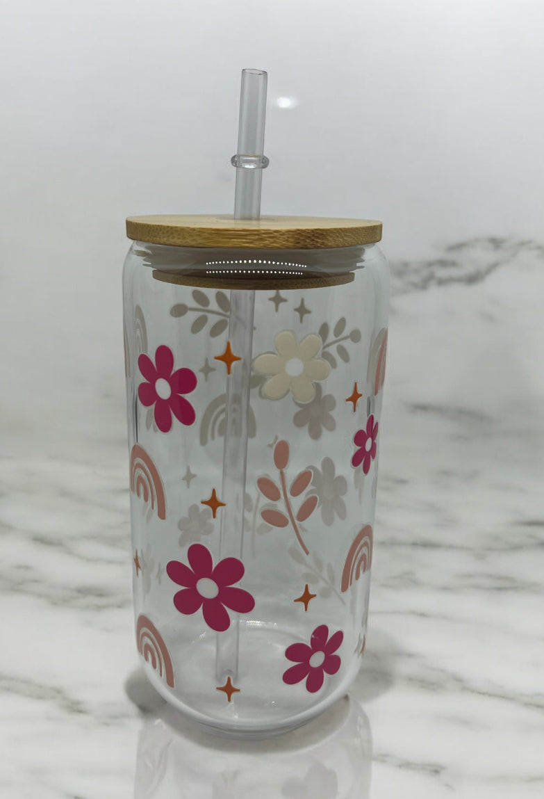 Pastel Flower & Rainbow Clear Bamboo Glass 16oz