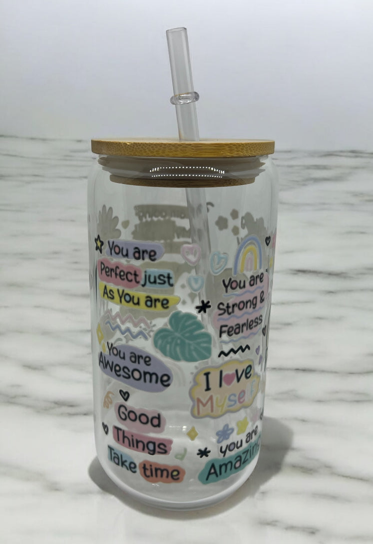 Cup of Positivity Clear Bamboo Glass 16oz