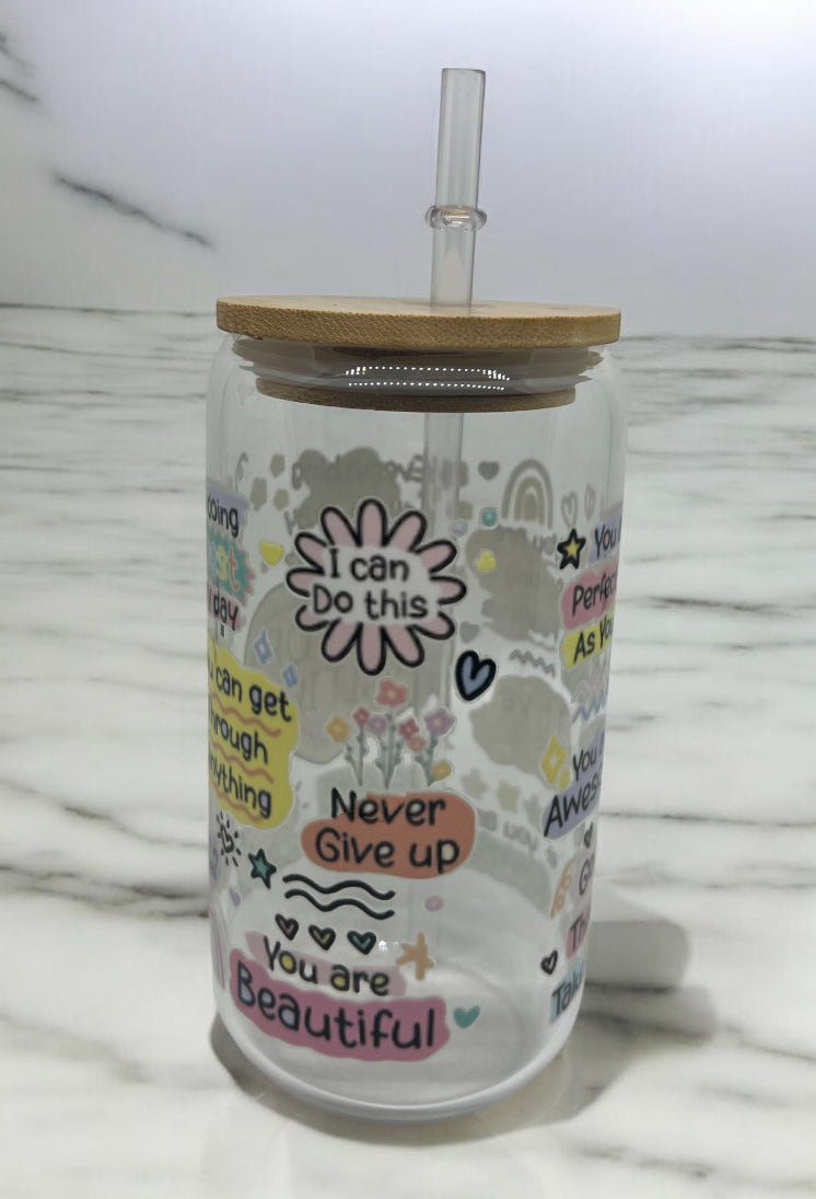 Cup of Positivity Clear Bamboo Glass 16oz