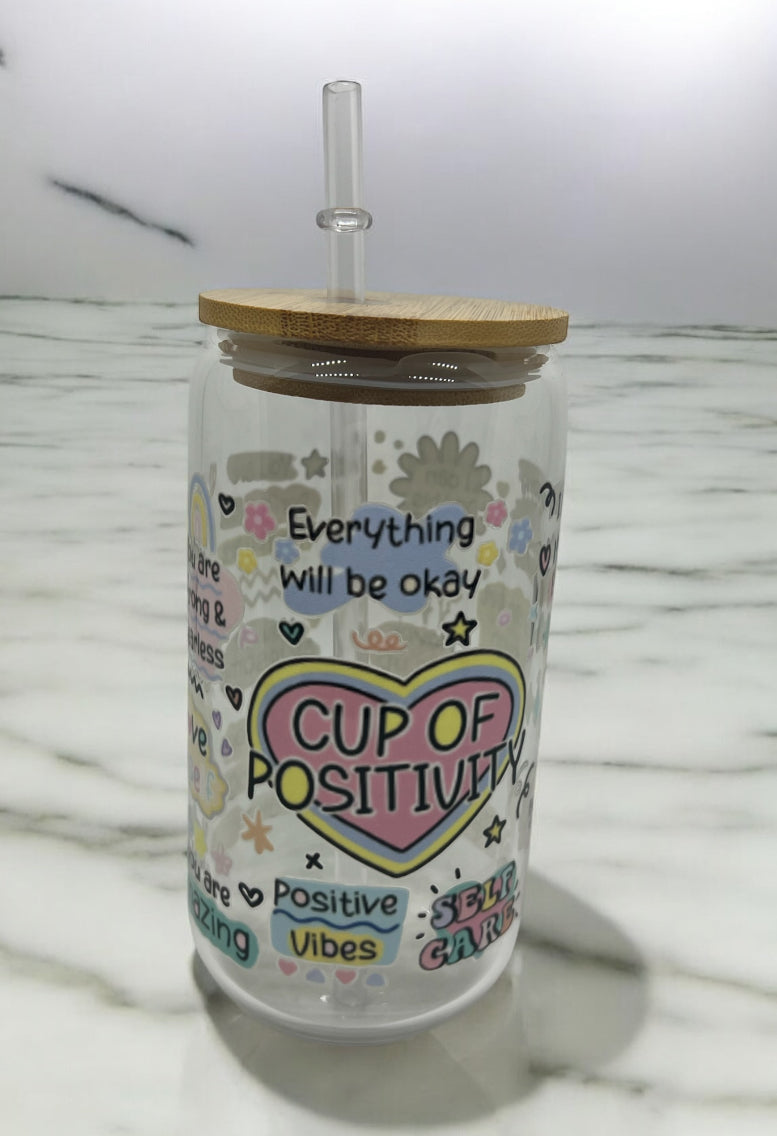 Cup of Positivity Clear Bamboo Glass 16oz