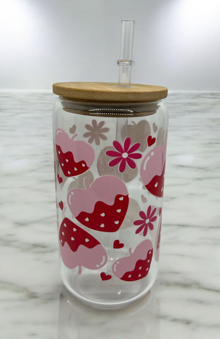 Strawberry Hearts Clear Bamboo Glass 16oz