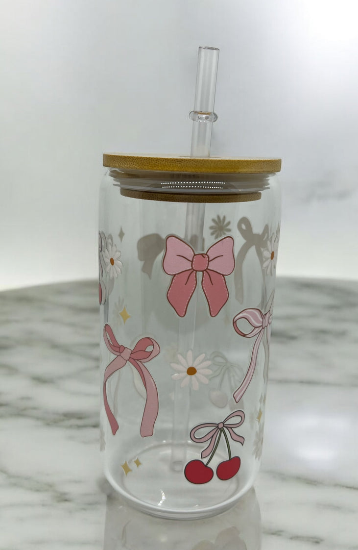 Cherry Bows Clear Bamboo Glass 16oz