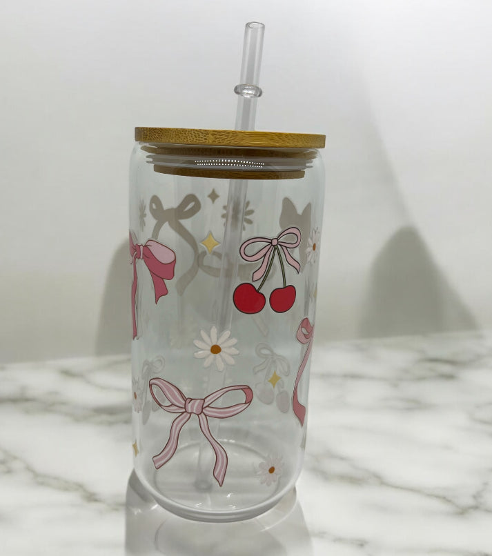 Cherry Bows Clear Bamboo Glass 16oz